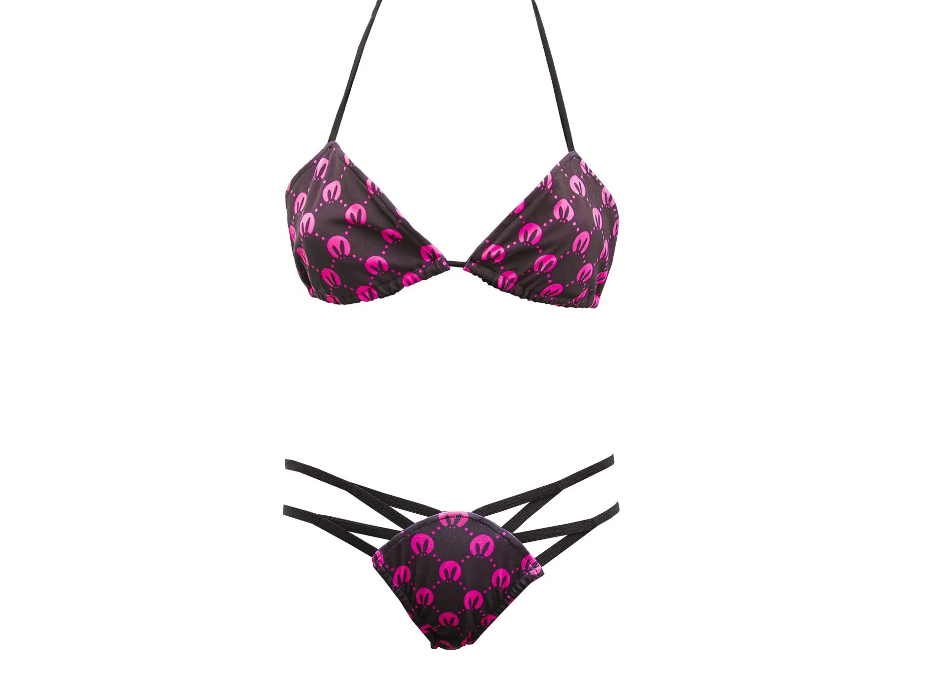Купальник-бикини женский PinkRabbit черно-розовый с паттерном