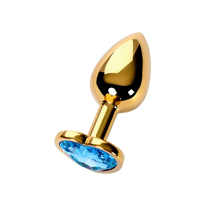 Анальная пробка PinkRabbit Maya металлическая с голубым кристаллом-сердцем, размер S, золотая