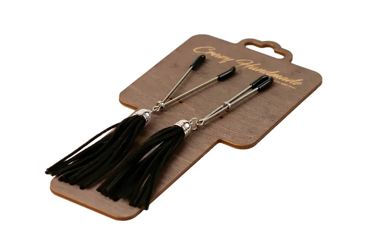 Зажимы-вилки на соски PinkRabbit с кисточками из замши, черные