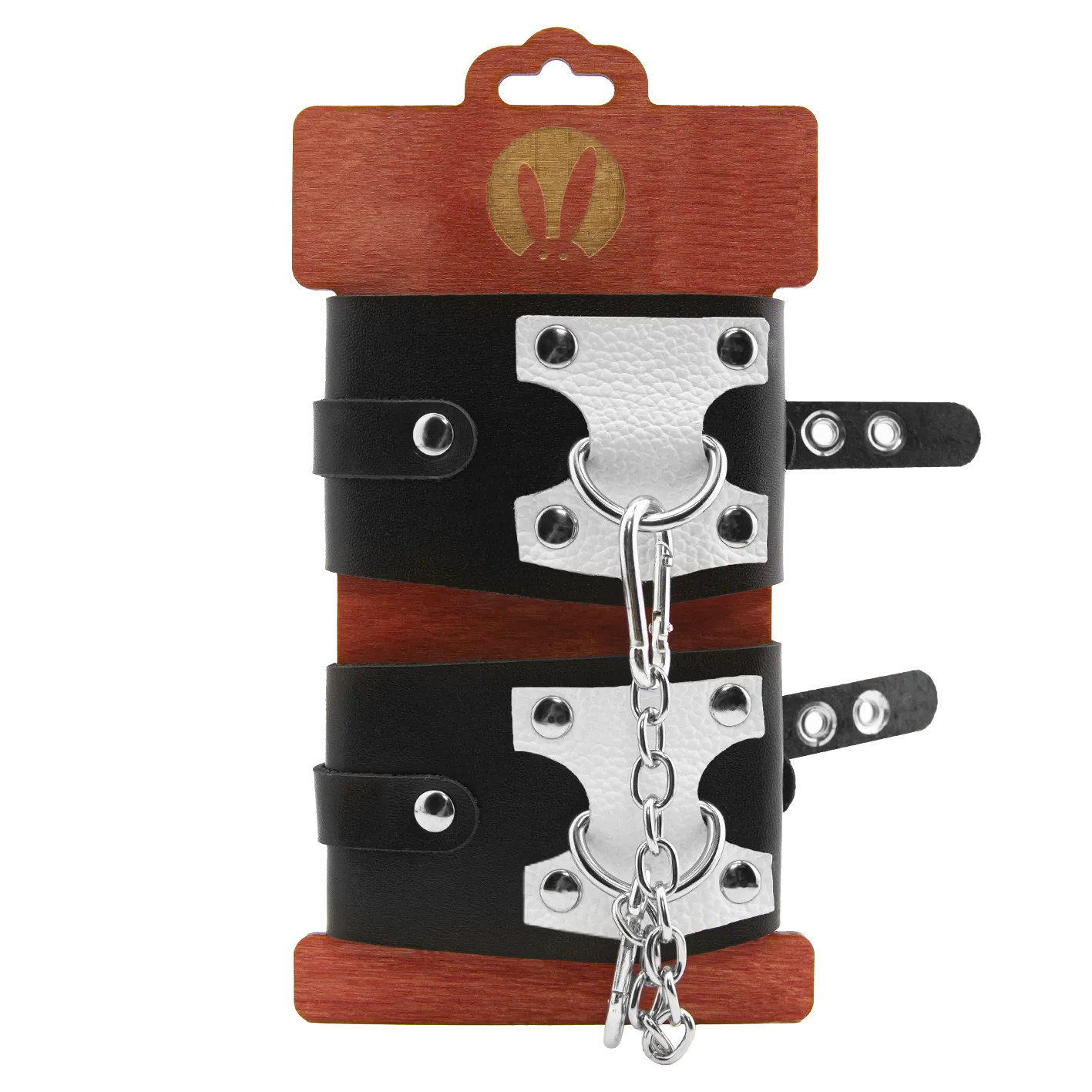 Наручники PinkRabbit из черной кожи с белым декором