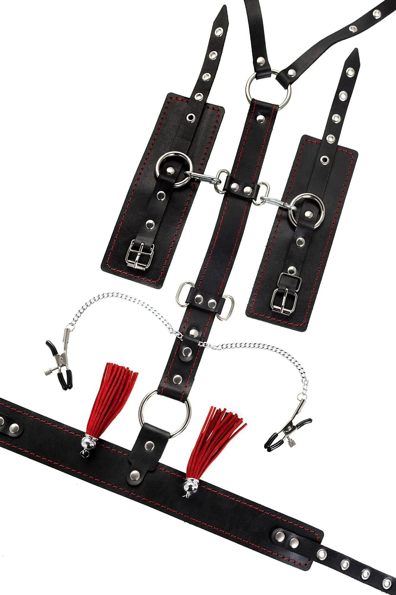 сбруя для фиксации шеи и рук pecado bdsm, с зажимами для сосков, натуральная кожа, черная в Симферополе